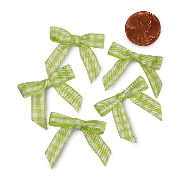 Green and White Pre-Tied Tiny Gingham Checkered Bows - 1 3/16in. x 1 1/4in. - 25 Pack
