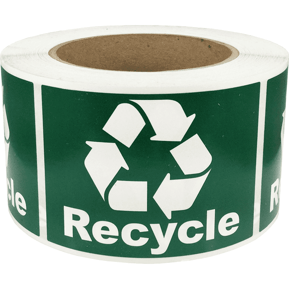 Green and White Recycle Logo Stickers | 2.5 x 3.5" Inch Rectangle | 500 Pack