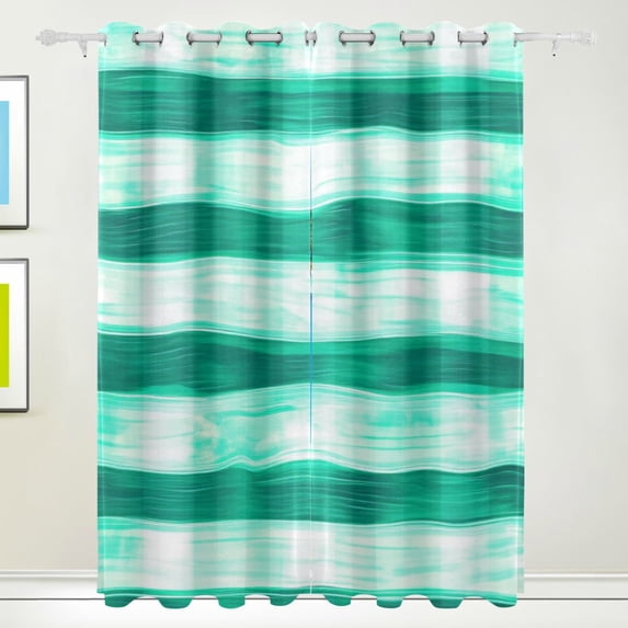 Green and White Ripples Blackout Curtains for Living Room Bedroom 55W x 72/84L Insulated Window Drapes 2 Panels