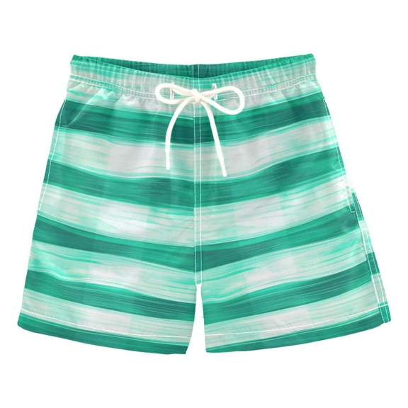 Green and White Ripples Boys Swim Trunks Quick Dry Boy Swim Shorts for 3-14 Years