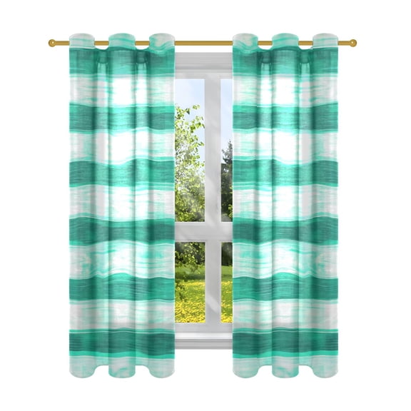 Green and White Ripples Semi Sheer Curtains for Living Room Bedroom Set of 2 Insulated Window Drapes