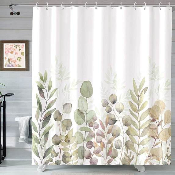Green and White Shower Curtain, Fabric Shower Curtains for Bathroom, Plant Leaves Shower Curtain Sets with 12 Hooks 72''''×72‘’ (Green White)
