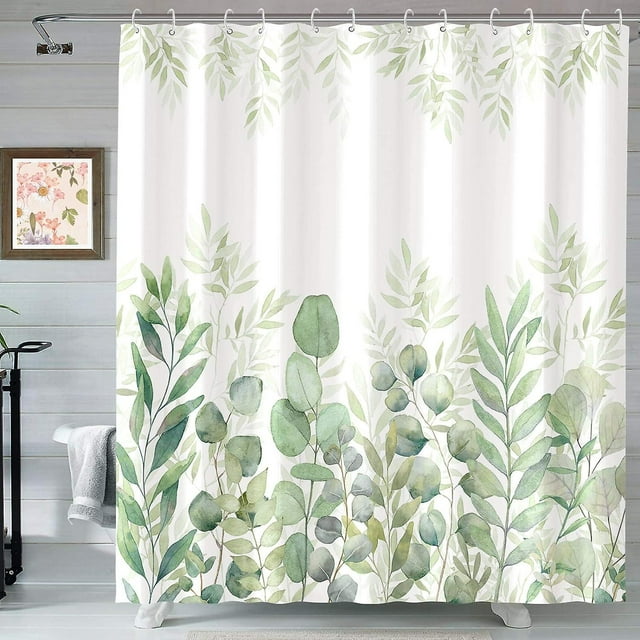 Green and White Shower Curtain, Fabric Shower Curtains for Bathroom