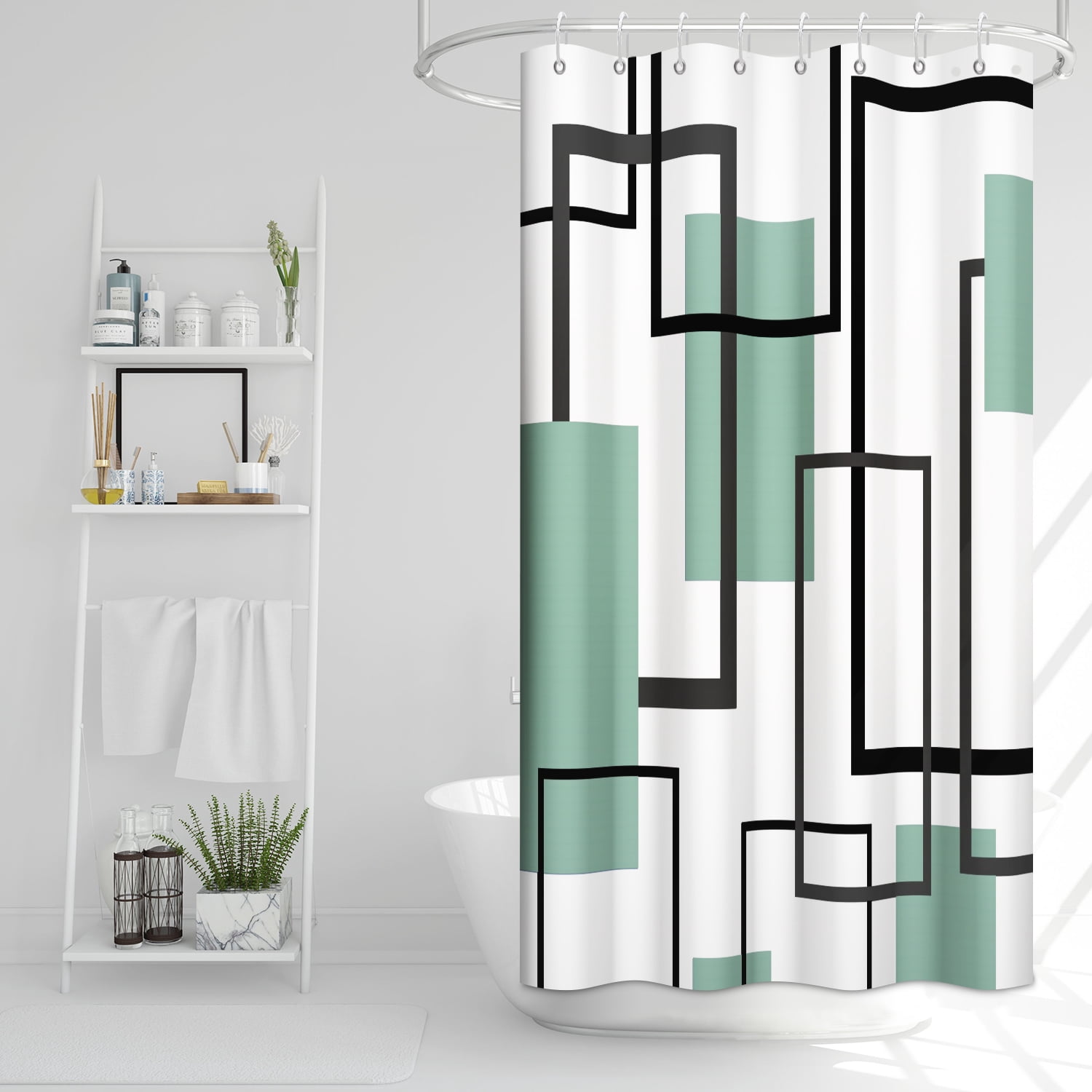 Green and White Shower Curtain Geometric Black and Green Modern Abstract Shower Curtains for Bathroom,47"x71"