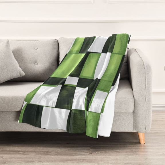 Green and White Square Throw Blanket 60" x 90" Soft and Warm Blankets for Couch Sofa and Bed