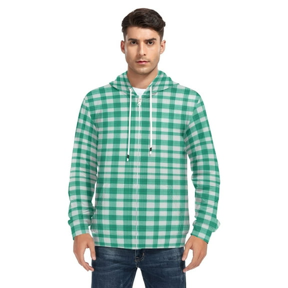Green and White Squares Men’s Hoodies Sweatshirt with Full Zip Pockets Fleece Jackets