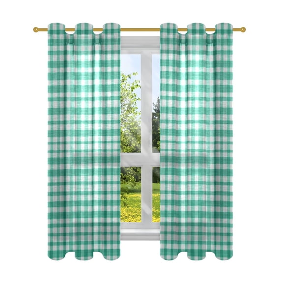 Green and White Squares Semi Sheer Curtains for Living Room Bedroom Set of 2 Insulated Window Drapes