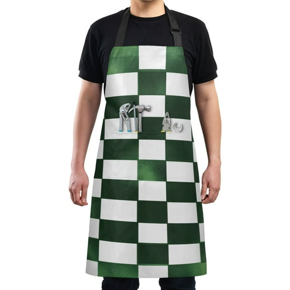 Green and White Squares Texture Chef Kitchen Apron with Pockets for Women Waterproof Aprons for Cooking Baking