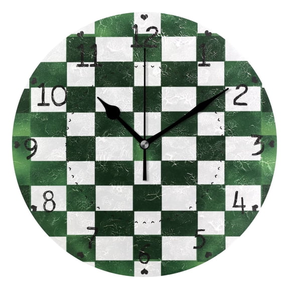 Green and White Squares Texture Round Wall Clock Silent Battery Operated Home Decor for Living Room Bedroom