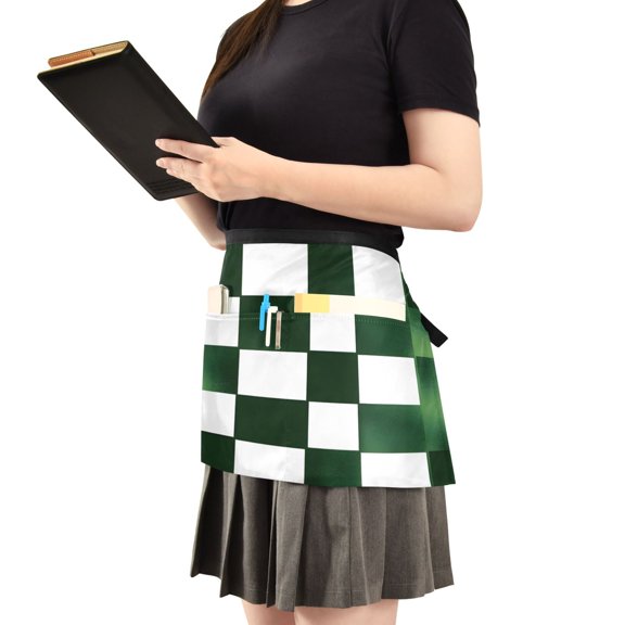 Green and White Squares Texture Server Apron with 3 Pockets Waist Apron for Waiter Waitress