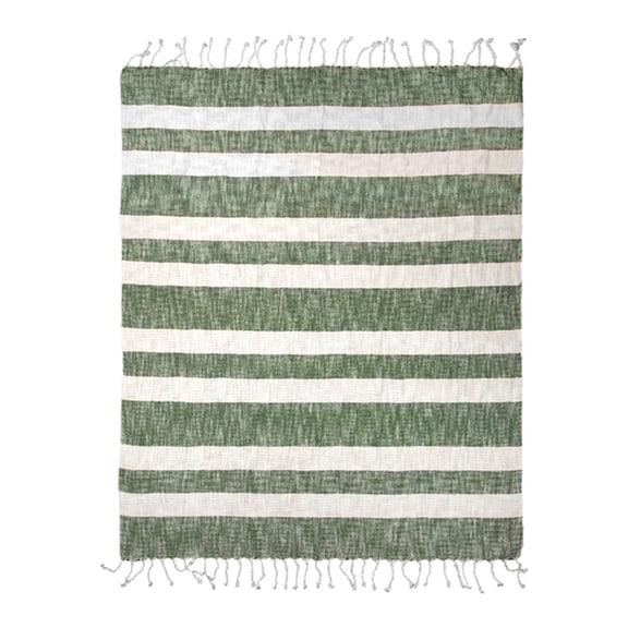 Green and White Stripe Rectangular Cotton Throw Blanket with Fringed Border 50" x 60"