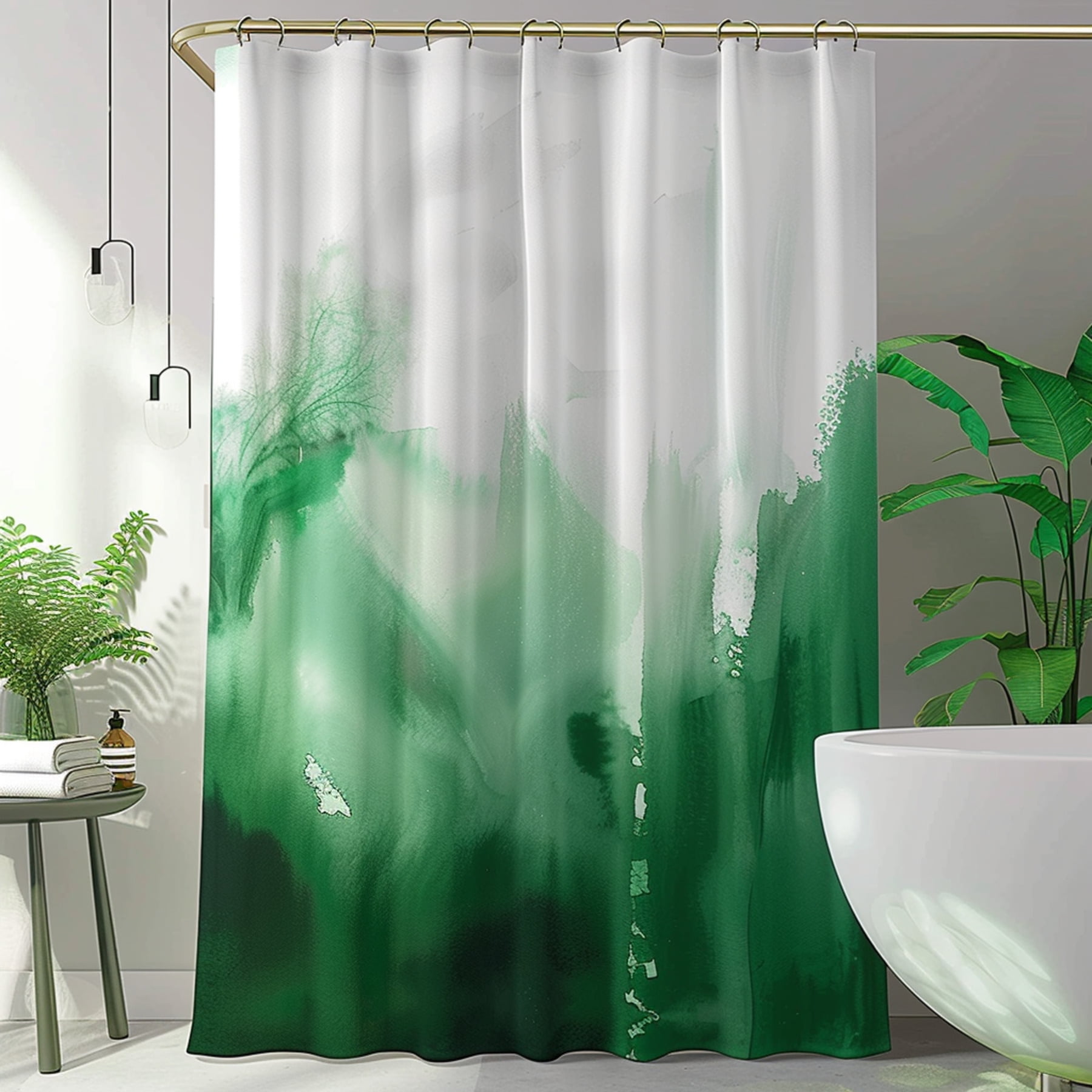 Green and White Watercolor Fabric Shower Curtain Modern Forest Green ...
