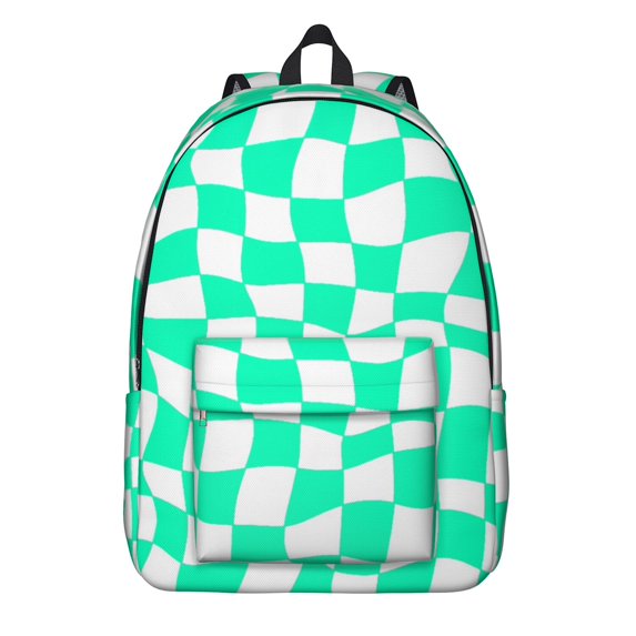 Green and White Wavy Checkered Backpack for School, Cute School Bag with Adjustable Shoulder Straps and Padded Back, 15.7"x11.8"x5.5"