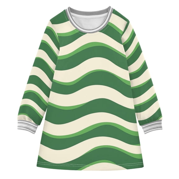 Green and White Wavy Lines Long-sleeved Dress A-line One-Piece Dress for 2-8 Years Casual Party 5-6Y