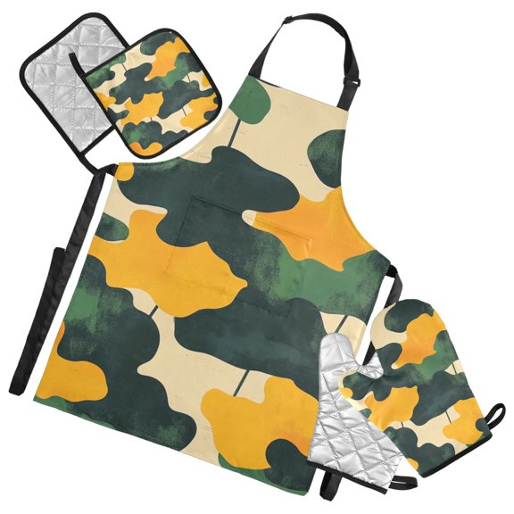 Green and Yellow Graffiti Oven Mitts and Pot Holders with Chef Apron Set 5 Pcs Kitchen Cooking Set