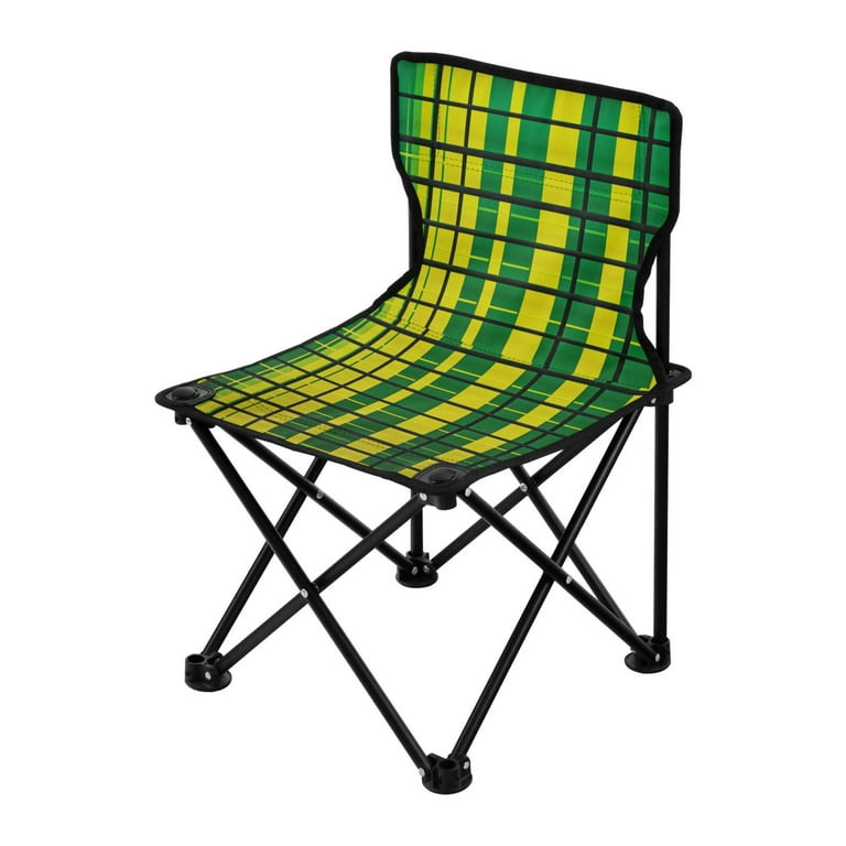 Green and Yellow Grid Portable Camping Chair Outdoor Folding Beach Chair  Fishing Chair Lawn Chair with Carry Bag Support to 220LBS 
