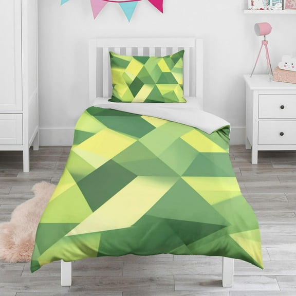 Green and Yellow Modern Art Geometric Duvet Cover and Pillowcase Set for Single Bedding, Bedroom Accessories for Kids Teens