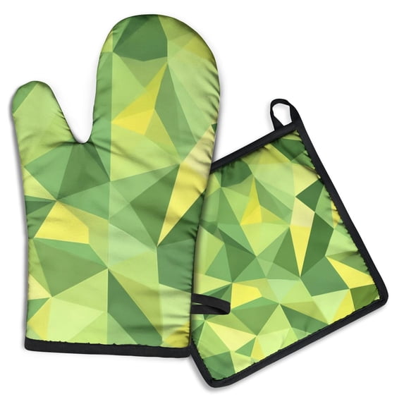 Green and Yellow Modern Art Geometric Kitchen Oven Mitt and Pot Holder Sets 2 Pcs for Baking, Cooking and Grilling, Heat Resistant Up To 392 °F