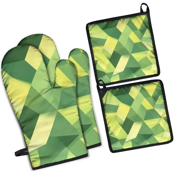 Green and Yellow Modern Art Geometric Kitchen Oven Mitt and Pot Holder Sets 4 Pcs for Baking, Cooking and Grilling, Heat Resistant Up To 392 °F