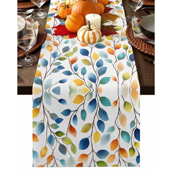 Green and Yellow Summer Leaves Table Runner-36 Inch Long Pastoral Plant Table Runners Linen Burlap Tablerunner for Kitchen Dining Room Holiday Party