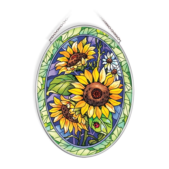 Amia Hand Painted Glass Suncatcher with Sunflower Design, 5-1/4-Inch by 7-Inch Oval