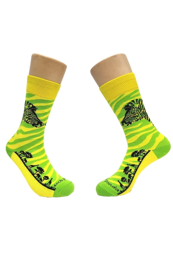 Green and Yellow Zebra Safari Socks from the Sock Panda (Adult Small - Shoe Sizes 2-5)