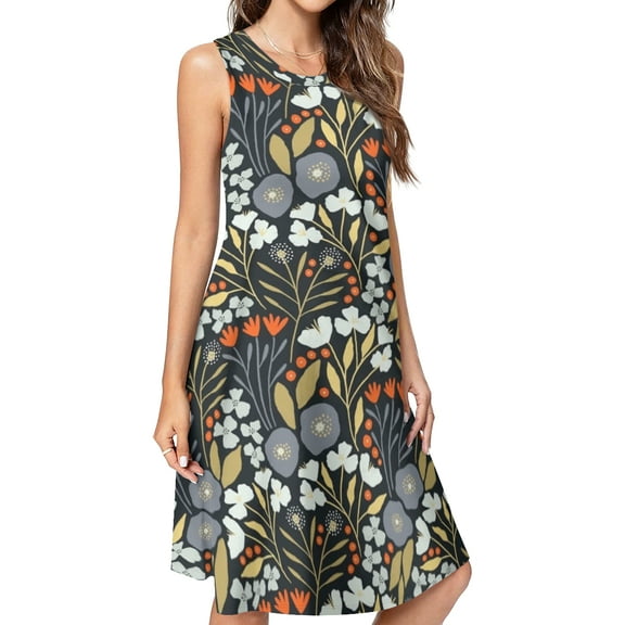 Green and blue wildflowers Spring Summer Dresses for Women Fashion T-shirt Dress Casual Sleeveless Loose Sundress with Pockets