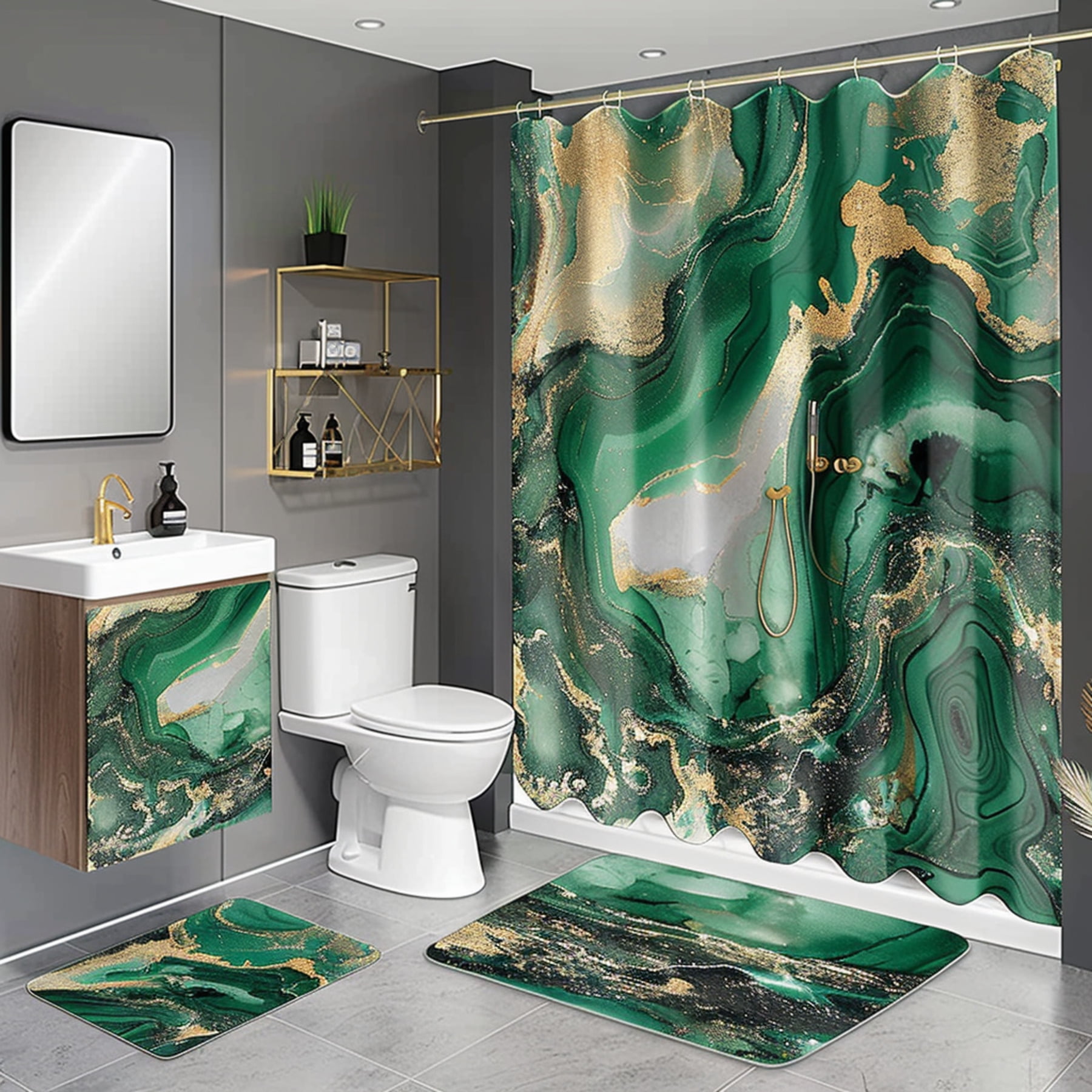 Green and gold marble bathroom set with matching shower curtain toilet