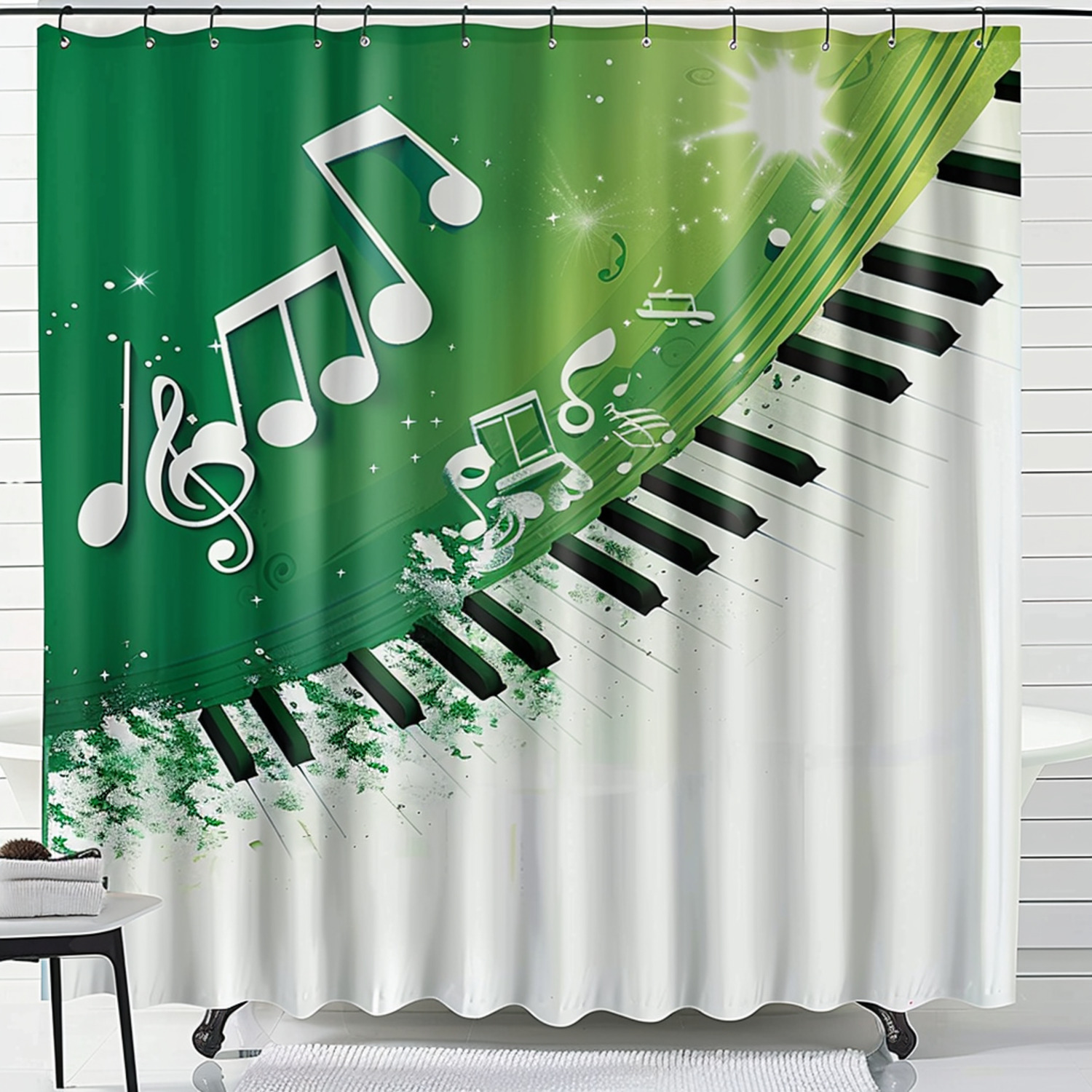 Green and white musical notes shower curtain with piano keys design
