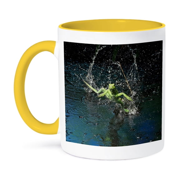 3dRose, Green basilisk, plumed basilisk, Costa Rica - SA22 AMR0012 - Andres Morya Hinojosa, 11oz Two-Tone Yellow Mug