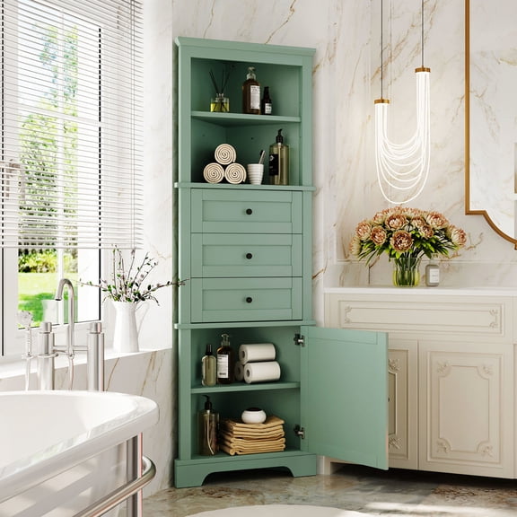 Green corner storage, adjustable shelves - Maximizes space in limited areas