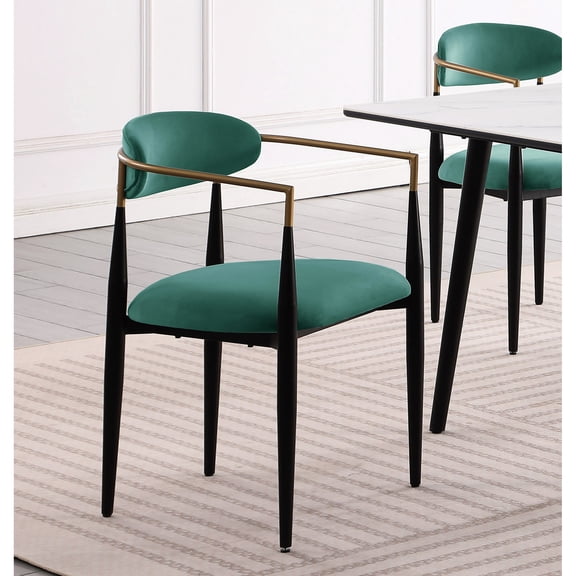 Green fabric, black frame chairs | Used in dining rooms | Provide comfortable seating experience
