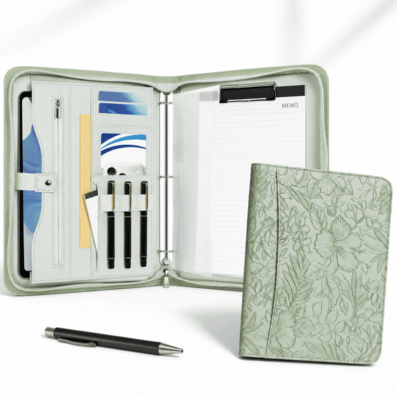Green-fd Vegan Leather 3 Ring Zipper Portfolio Binder with Pen and Sheet Protectors