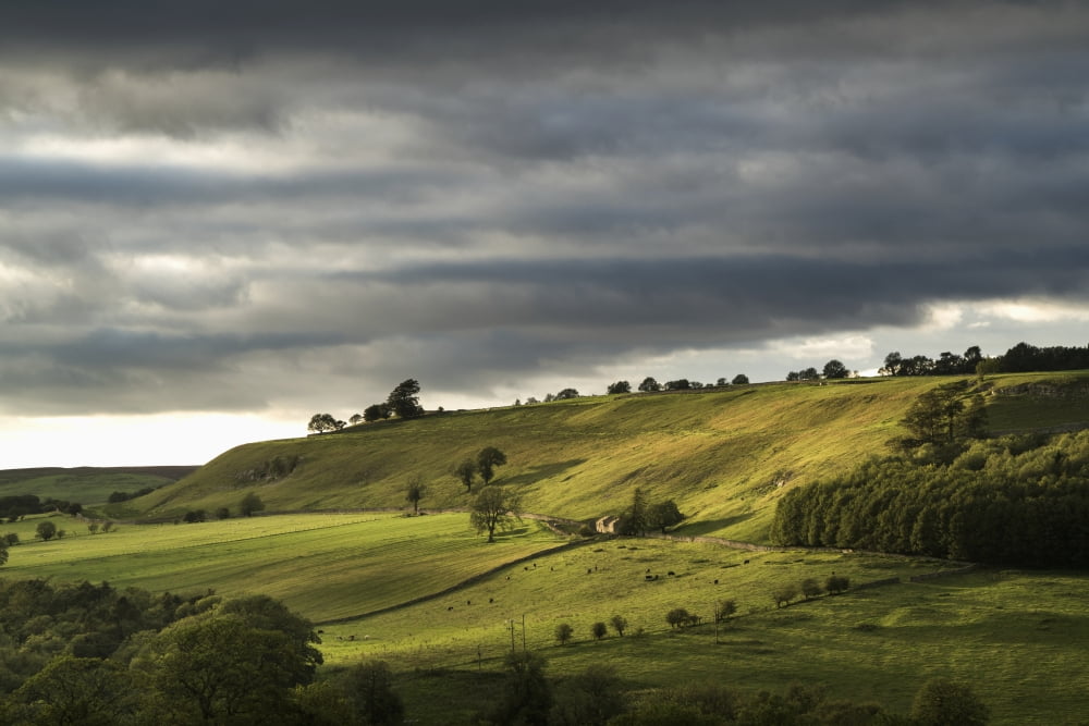 Green fields on rolling hills under a cloudy sky Yorkshire Dales England Canvas Art - John Short Design Pics (19 x 12)