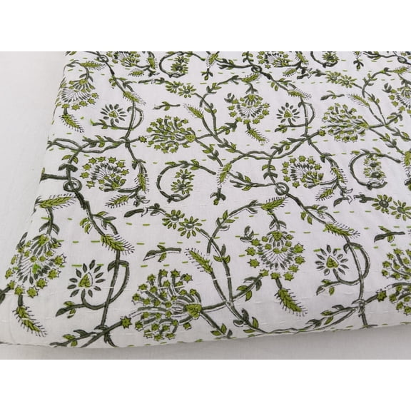 Green Floral Kantha Quilt Twin 90 x 60 in, 100% Cotton Hand Block Printed Lightweight Bedspread Throw Blanket by A And E Textiles House