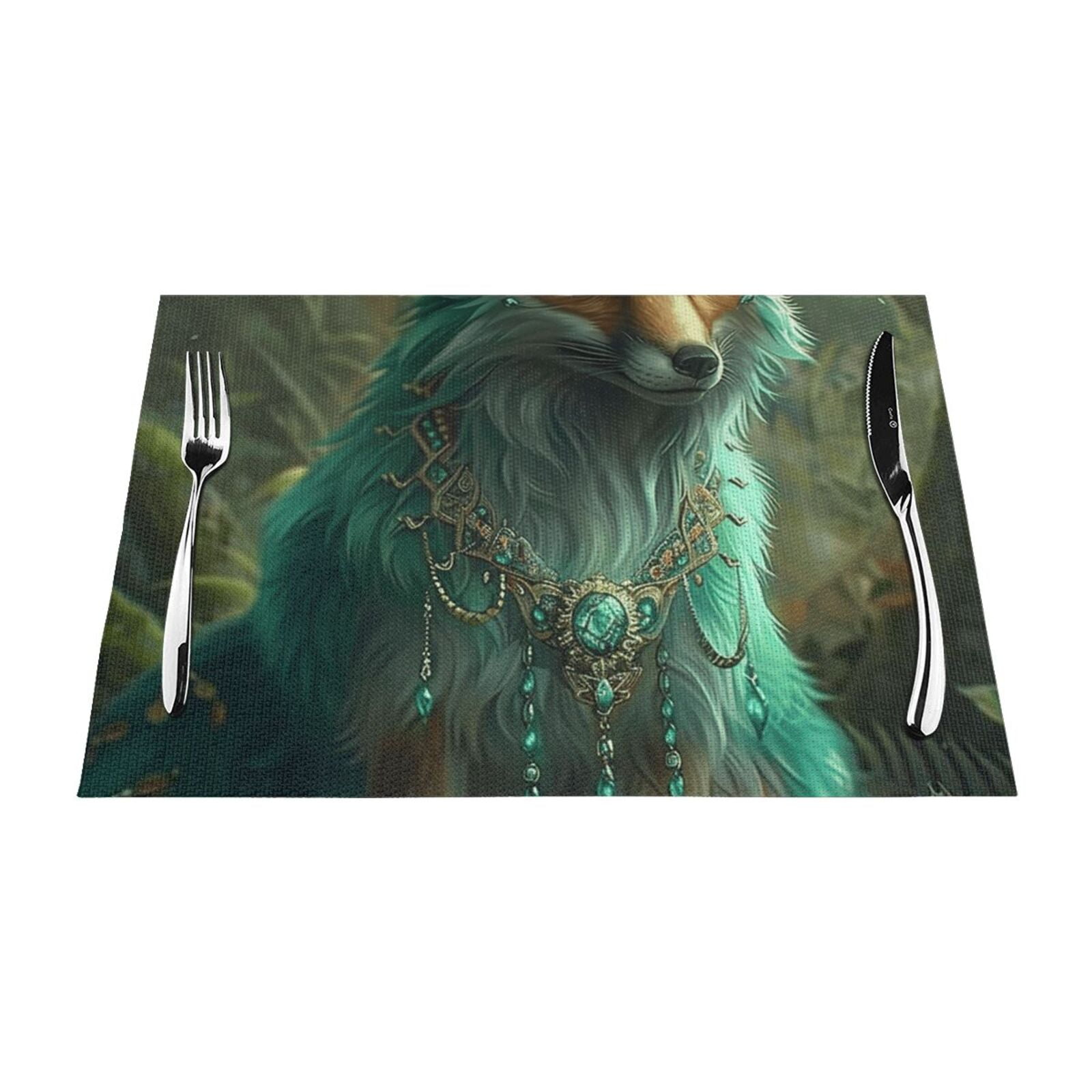 Green fox animal closeup Table mat can be wiped, dinner mat set, felt