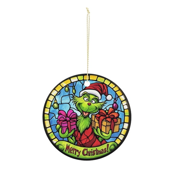 Green furry holiday creature Christmas ornament, Christmas decoration, holiday present idea, heirloom keepsake, round ceramic, gift Exchange, bauble present, gift idea