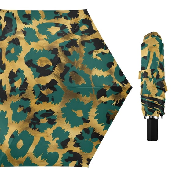 Green-gold Leopard Skin All Weather Umbrella Triple Folding Parasol 6 Ribs UV Protection Portable