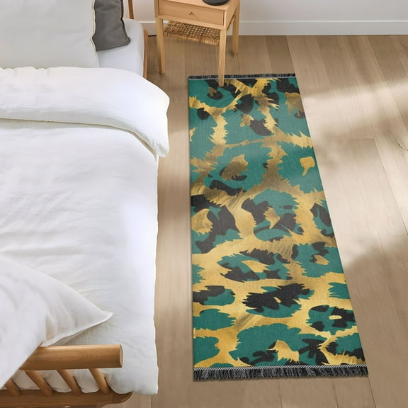 Green-gold Leopard Skin Bedside Runner Rug 2'x 6' Non Slip Carpet Floor Mat Area Rug