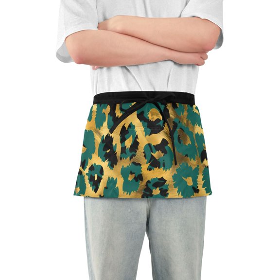 Green-gold Leopard Skin Short Server Apron with 3 Pockets for Unisex Chef Gardening