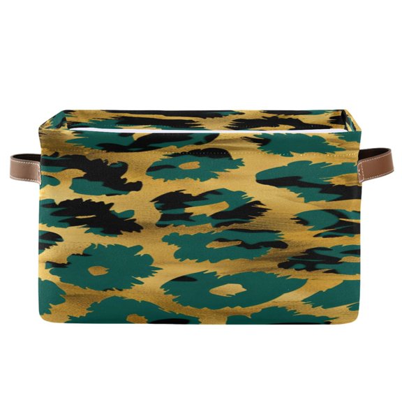Green-gold Leopard Skin Square Storage Bins with Handles Collapsible Containing Box 1 Pack