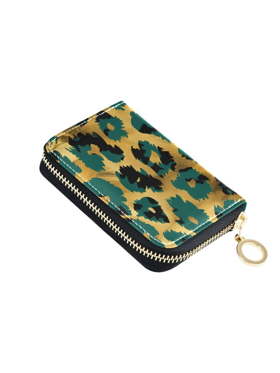Green-gold Leopard Skin Women's Credit Card Holder PU Leather Zipper Wallet RFID Blocking