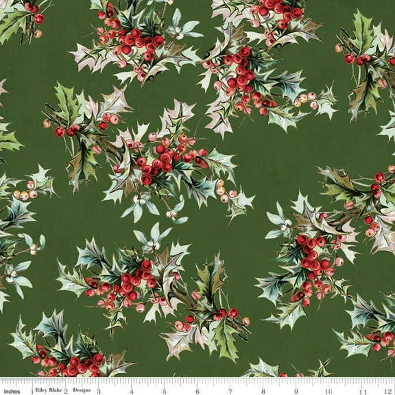 Green holly berry leaves fabric, Riley Blake Yuletide cotton, Sold by the Quarter Yard