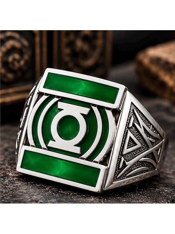 Green lantern power Super hero Signet Ring, Green Enamel Silver Tone Brass Sci-Fi Mens Gothic Statement ring Size US 13