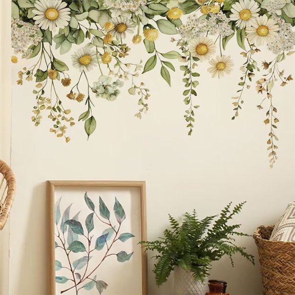 Green leaf stickers, plant flower stickers, chrysanthemum stickers, flower poster stickers DIY Removable for Living Room Bedroom Bathroom Kitchen Sofa TV Background