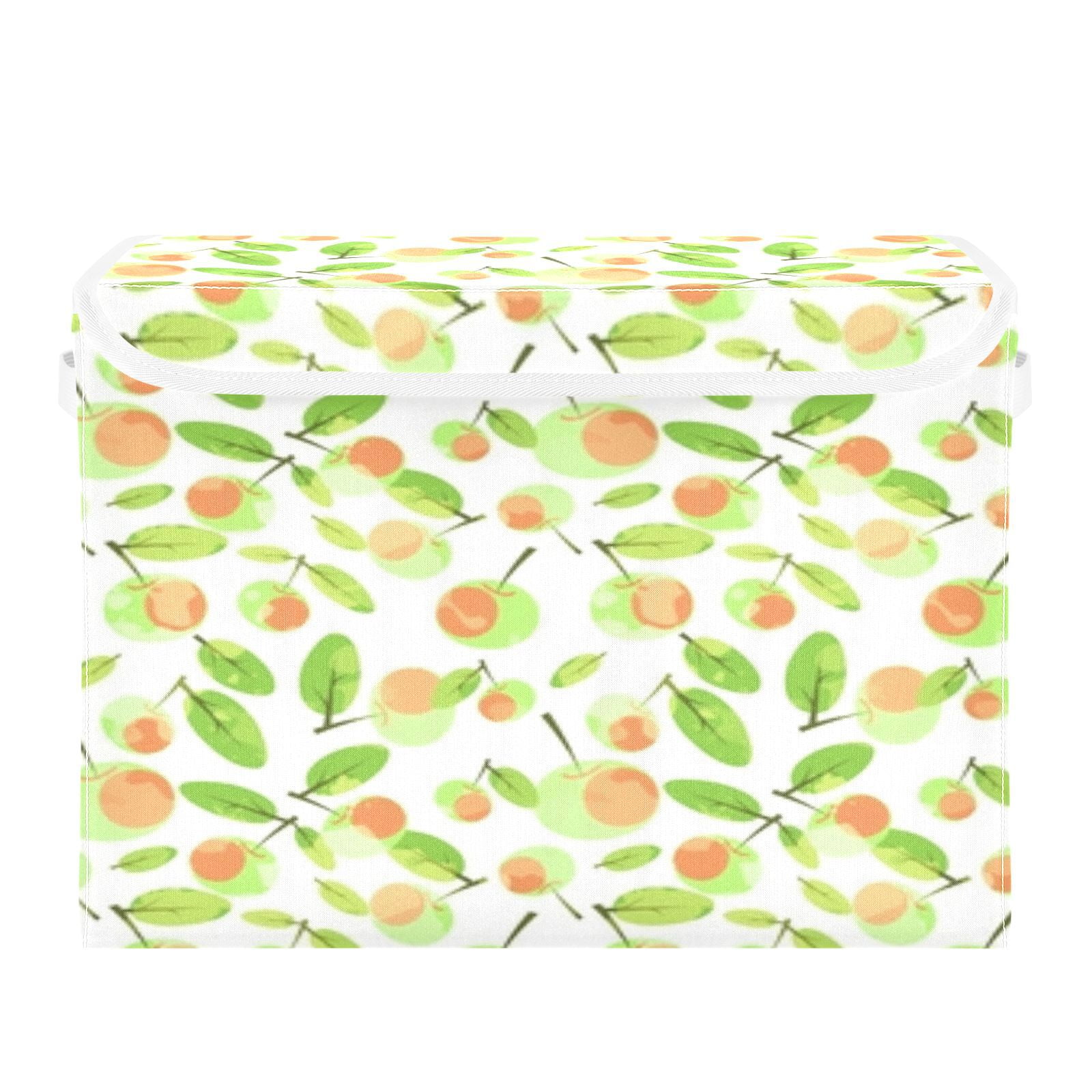 Green leaves orange fruit pattern Storage Bins, Foldable Cloth Basket, Cube Organizer with 2 Handles, Suitable for bedrooms, living rooms, wardrobes, and workspaces, With cover