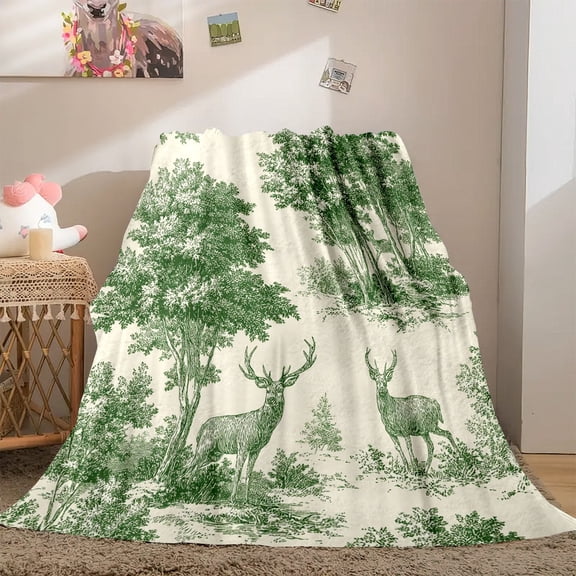Green on Cream Deer Forest Toile Flannel Blanket - Soft Lightweight All-Season Cozy Throw for Bed or Couch, Durable Woodland Deer Pattern Bedspread
