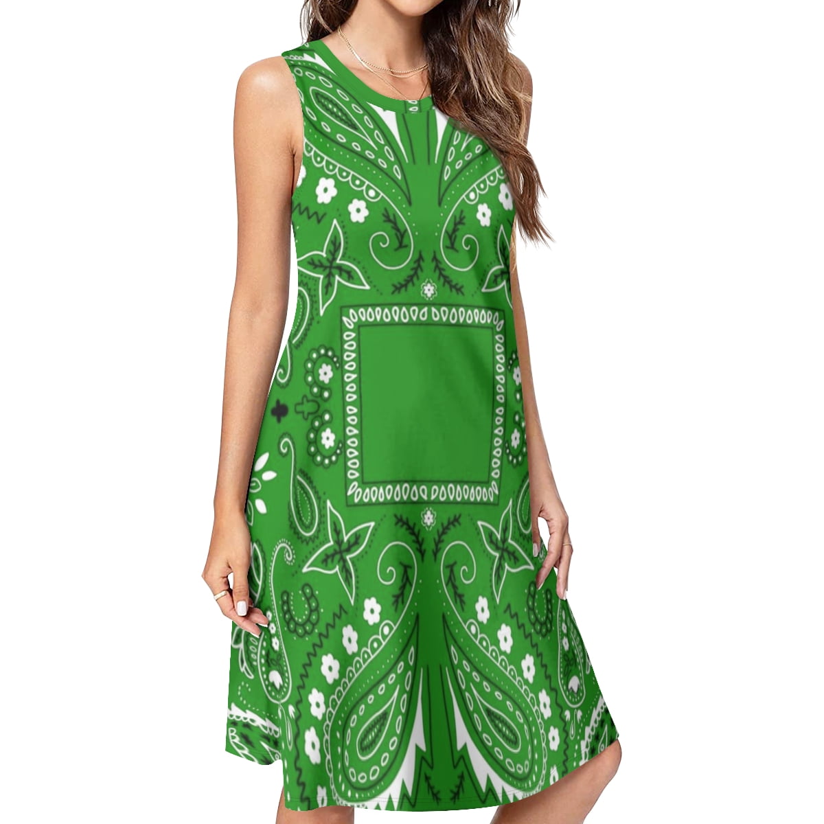 green bandana dress paisley pattern Spring Summer Dresses for Women Fashion T-shirt Casual Sleeveless Loose Sundress with Pockets Women's dresses