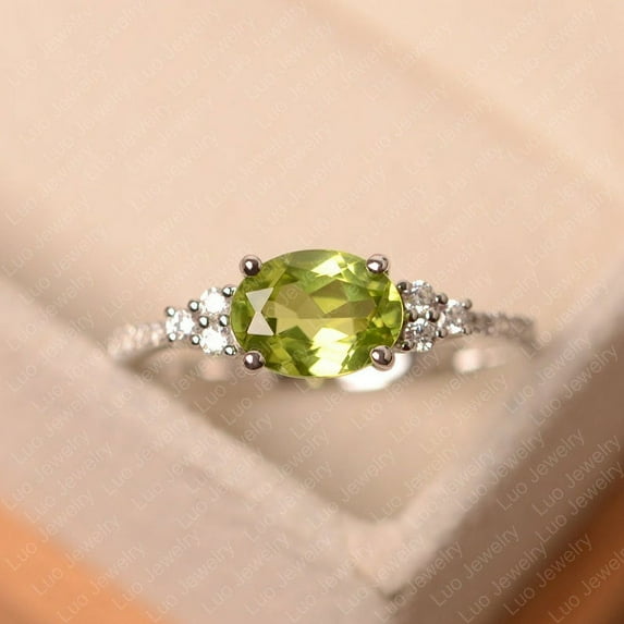 Green peridot ring, oval cut, August birthstone ring, white gold, anniversary ring for women