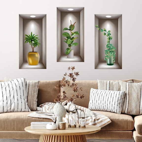 Green plant potted wall decoration, 3D wall stickers, 3PCS background wall home decoration wall stickers self-adhesive